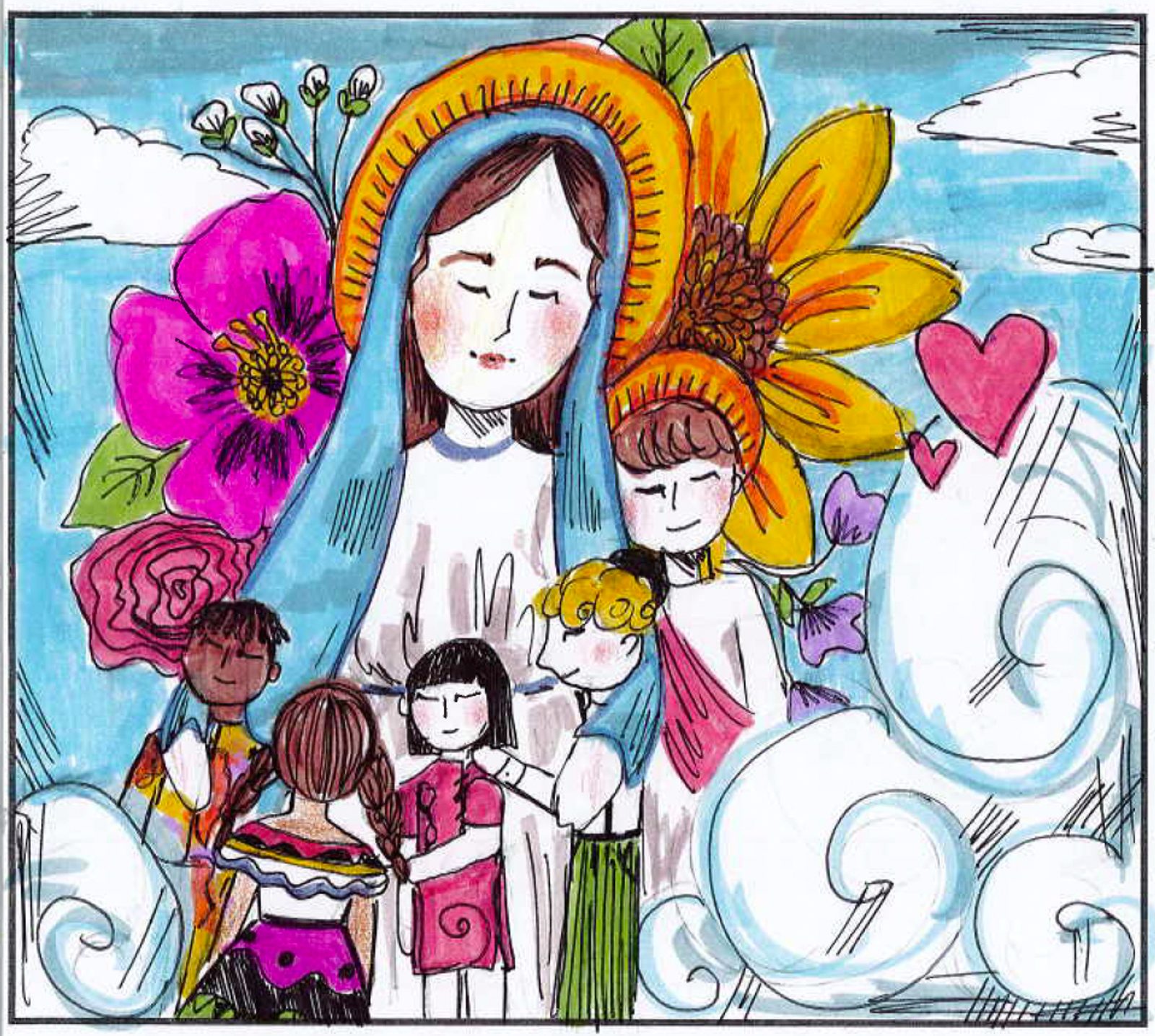 “Mary, our heavenly mother, was a beautiful person inside and out. She loved all people and, to put it simply, was made of pure goodness. Children all around the world look up to her, not only as a role model, but as a mother. Mary watched helplessly as her only son suffered on the cross, knowing that Jesus was dying for us. Still, she loves us as if we were her own. In heaven, I imagine Mary surrounded by flowers, finally reunited with her son, Jesus.” – Artwork and writing by Tania Rivera, seventh grade, St. Elizabeth Catholic School, Rockville, Maryland