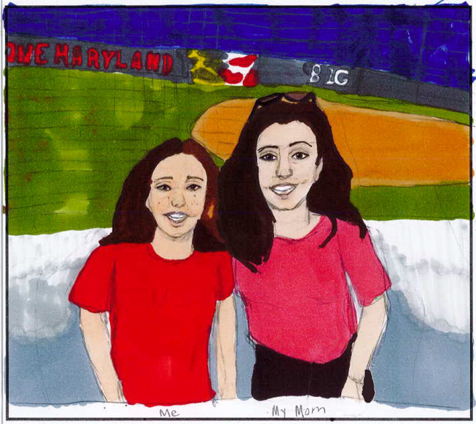 “What I admire about my mom is that she is always there for me. She drives me to school and is a teacher there, too. We always come home in the car talking about her day with the first grade. She drives me everywhere for my softball games and has even become invested in the game, too. Now, every time there’s a softball game on TV (especially Maryland softball), we watch it together! Thank you, Mom, for everything you do for me, and happy Mother’s Day!” – Artwork and writing by Ashley Ruddy, seventh grade, St. Elizabeth School, Rockville