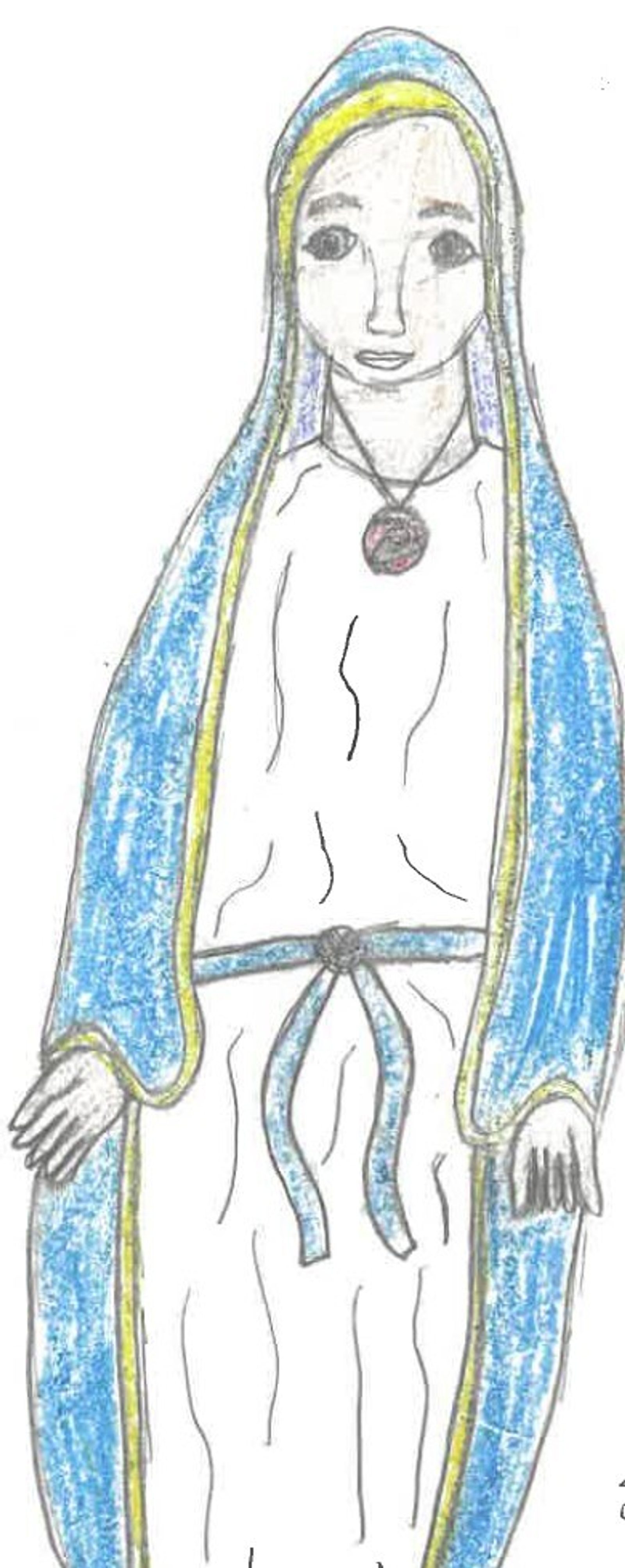 “What I admire most about Mary is that she said yes. She said yes to God when he asked if she would be the mother of Jesus. She could have said no. She could have not been Jesus’s mother, but she was. She said yes to God, and I greatly admire her for that.” – Artwork and writing by Patrick Butler, eighth grade, St. John the Evangelist School, Clinton