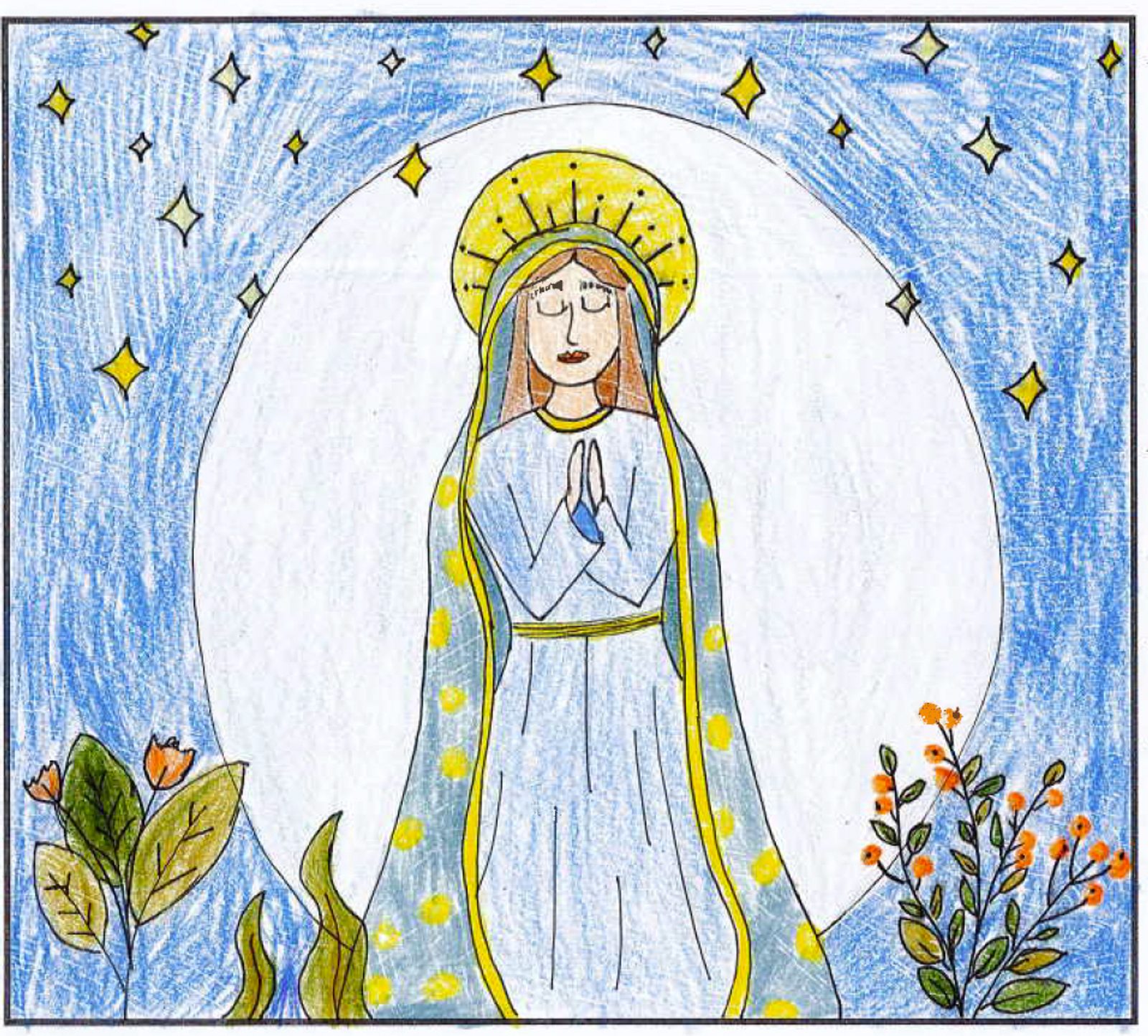 “I admire Mary for her complete faith in God when she accepted Jesus to be her son. Most importantly, she is the mother of everybody on this Earth, so she takes care of me when I am in a particularly bad situation, which is why I love praying to her. Also, Mary helped me get through a bad situation at the hospital, which makes me thankful and happy.” – Artwork and writing by Beatrice Constantin, seventh grade, St. Elizabeth School, Rockville