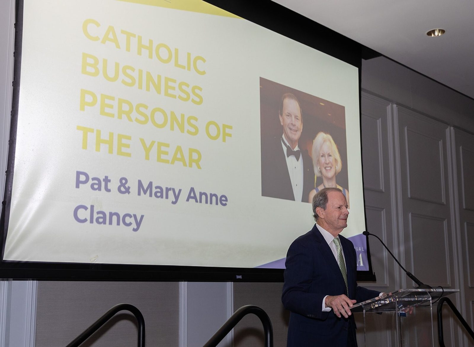 Pat Clancy, the former executive vice president and chief lending officer for Riggs National Bank, speaks at the 10th annual gala of the Catholic Business Network of Washington, D.C., on Oct. 10, 2024 at the Four Seasons Hotel. Pat Clancy and his late wife, Mary Anne Clancy, received the Business Persons of the Year Award from the group. (Photo courtesy of CBN-D.C. by Michael J. Collela)