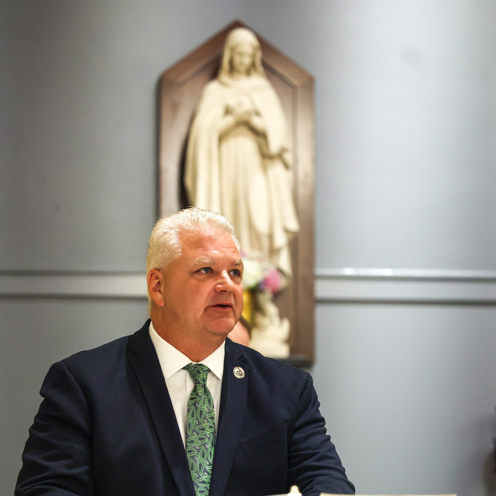 Rick Wood, the president and CEO of St. Mary’s Ryken High School in Leonardtown, Maryland, speaks at the end of a June 5, 2024 Mass celebrating the renovation of St. Mary’s Ryken’s Chapel of Charity. Washington Cardinal Wilton Gregory was the main celebrant at the Mass and blessed and dedicated the new altar there. (Photo by HD Photography for St. Mary’s Ryken High School)