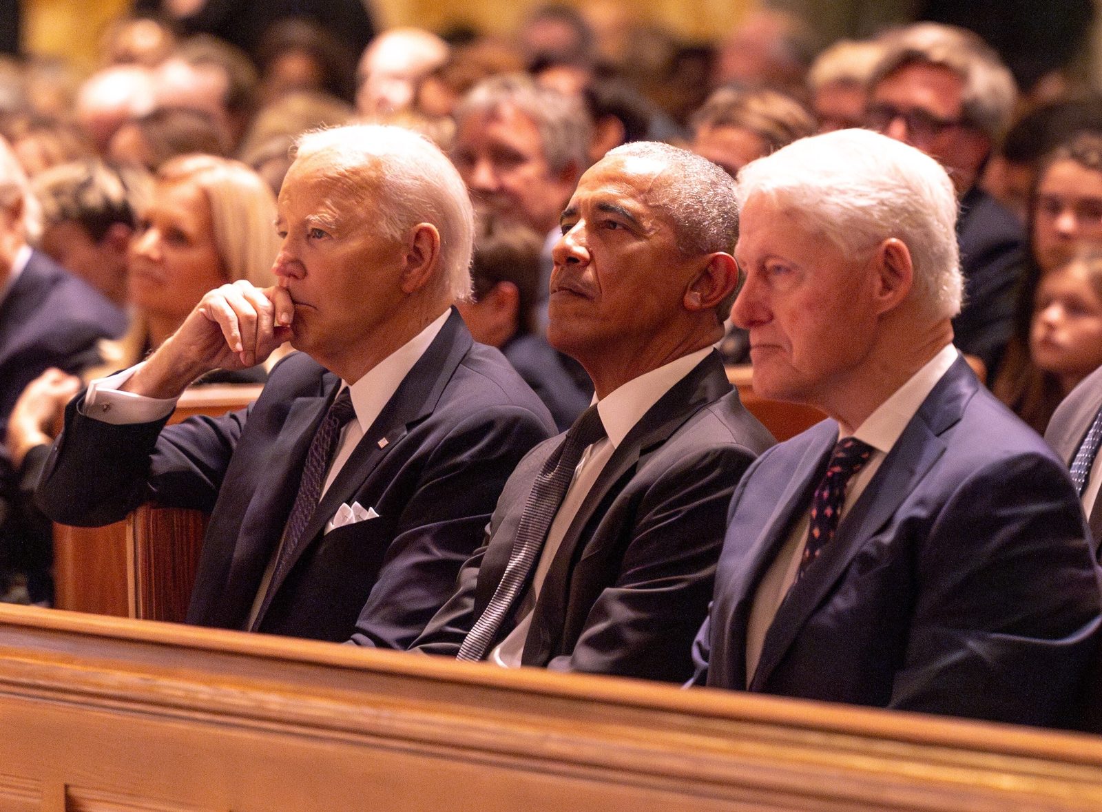 President Joe Biden and former Presidents Barack Obama and Bill Clinton listen to a speaker during an Oct. 16 memorial service for the late Ethel Kennedy held at the Cathedral of St. Matthew the Apostle in Washington, D.C. (Catholic Standard photo by Mihoko Owada)