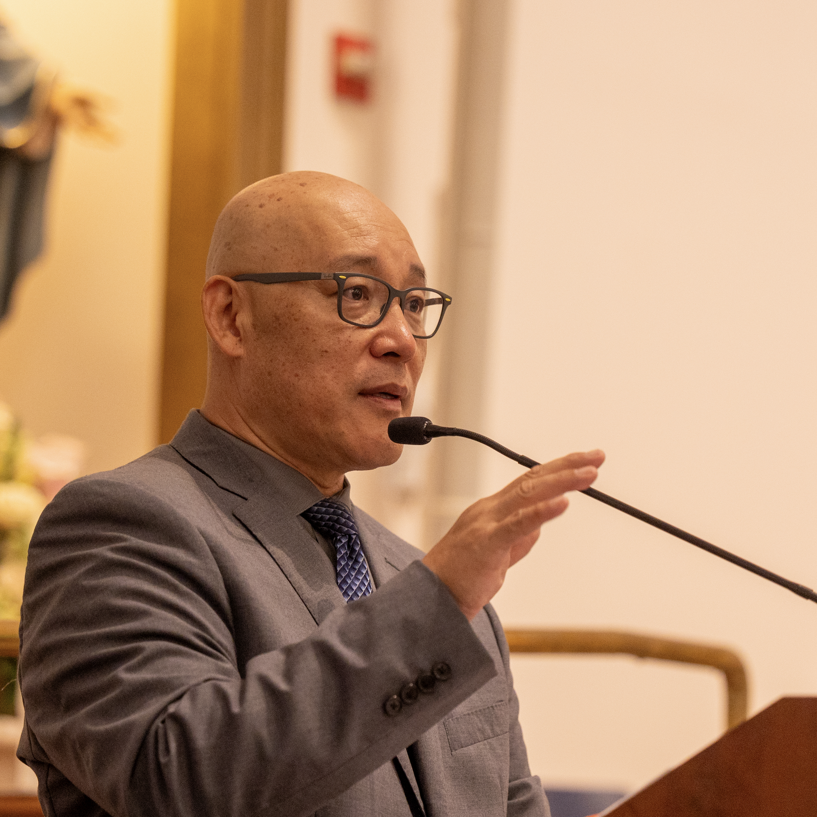 Kevin Yi speaks during a gathering at St. Andrew Kim Church in Olney before Washington Cardinal Wilton Gregory celebrated a Mass there on Sept. 29, 2024 marking the parish’s 50th anniversary. (Catholic Standard photo by Mihoko Owada)