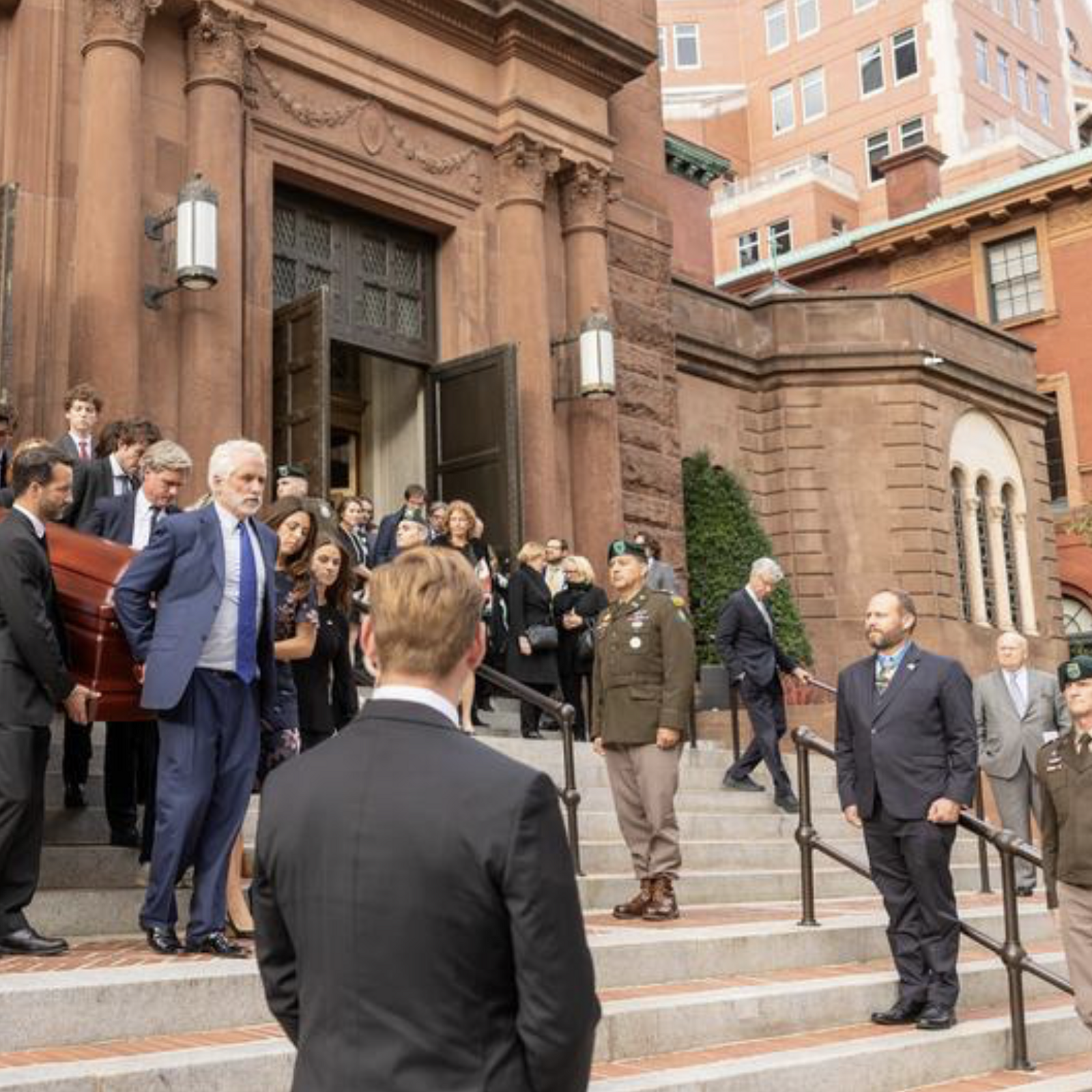 Members of the family of the late Ethel Skakel Kennedy carry her casket down the steps of the Cathedral of St. Matthew the Apostle in Washington, D.C., after an Oct. 16 memorial service for her there. Ethel Kennedy died on Oct. 10, 2024. She was 96. (Catholic Standard photo by Mihoko Owada)