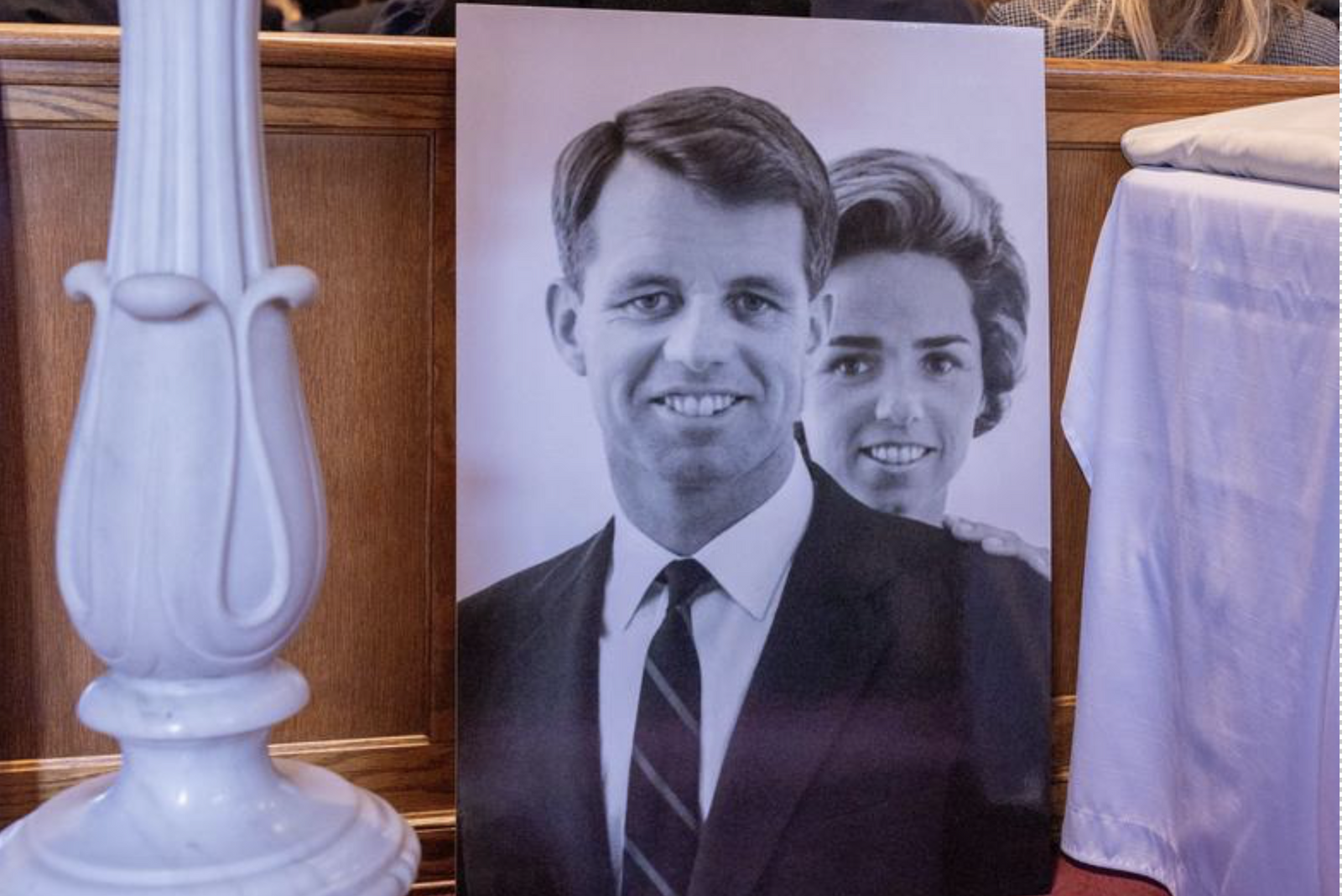 At an Oct. 16 celebration of the life of the late Ethel Kennedy held at the Cathedral of St. Matthew in Washington, a photo of her and her late husband, Robert F. Kennedy, was displayed along with other family photos. Ethel Kennedy died on Oct. 10 at the age of 96. (Catholic Standard photo by Mihoko Owada)