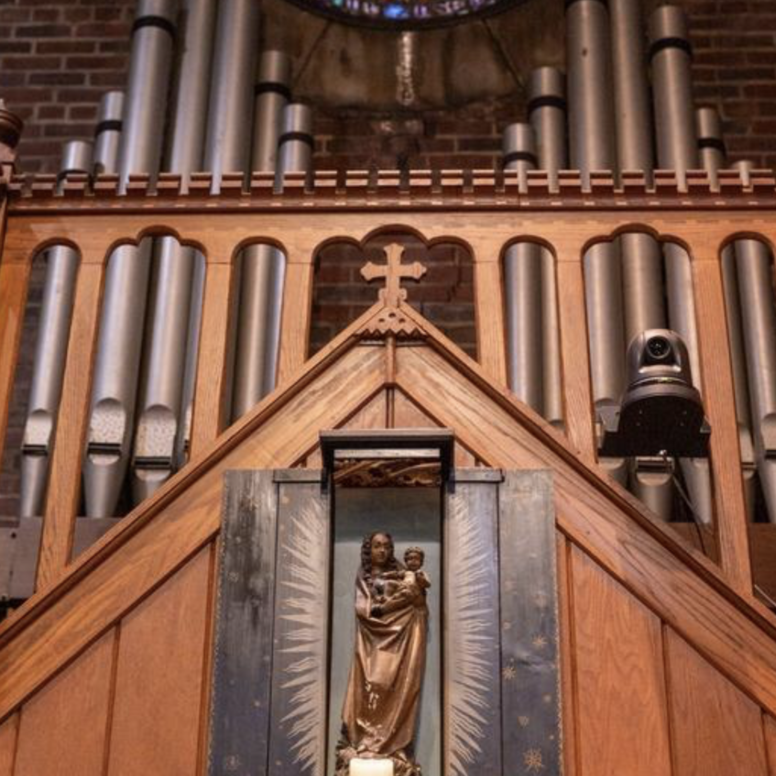 The interior of the chapel at St. Anselm’s Abbey in Washington. All of the woodwork was carved by the monks of St. Anselm's Abbey. (Catholic Standard photo by Mihoko Owada)