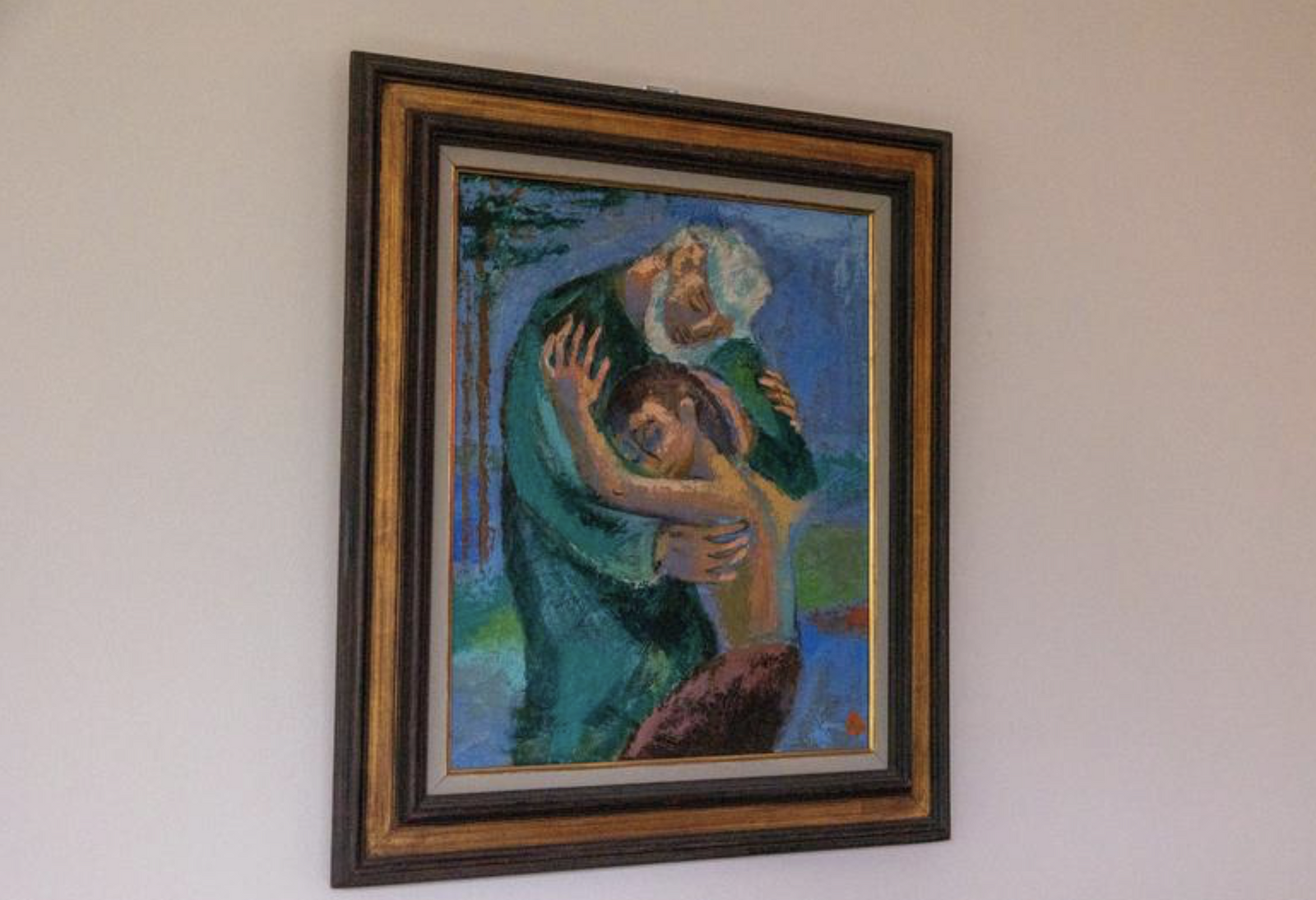 This artwork by Benedictine Father Stephen Reid (1912-1989) displayed in the hallway of St. Anselm's Abbey in Washington is Abbot James Wiseman's favorite artwork there. (Catholic Standard photo by Mihoko Owada)