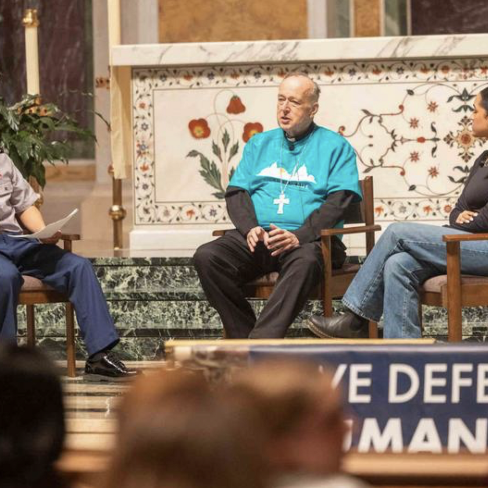 Cardinal Robert W. McElroy, the archbishop of Washington, speaks during a question-and-answer session with high school juniors Jorge Velasquez of St. John’s College High School in Washington, D.C., at left, and Andrea Patiño of the Academy of the Holy Cross in Kensington, Maryland, at right, ahead of the Youth Mass for Life on Jan. 23, 2026 at the Cathedral of St. Matthew the Apostle in Washington, D.C. The discussion followed testimonies from the two students on the dignity and value of human life. (Catholic Standard photo by Mihoko Owada)