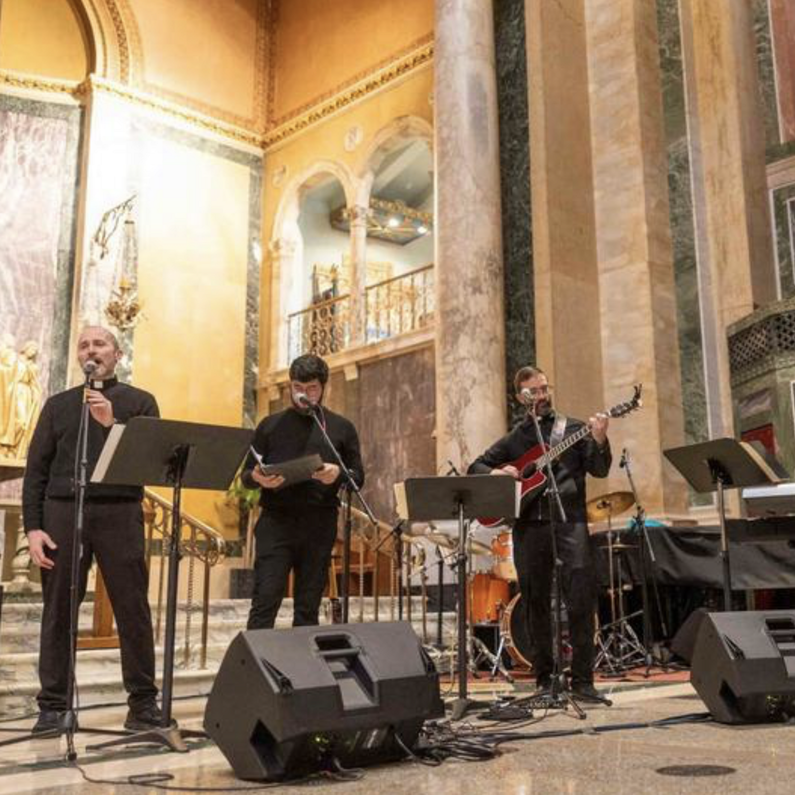 During a rally before the Youth Mass for Life on Jan. 23 at St. Matthew's Cathedral, priests of the Archdiocese of Washington performed music to celebrate God's gift of life. (Catholic Standard photo by Mihoko Owada)