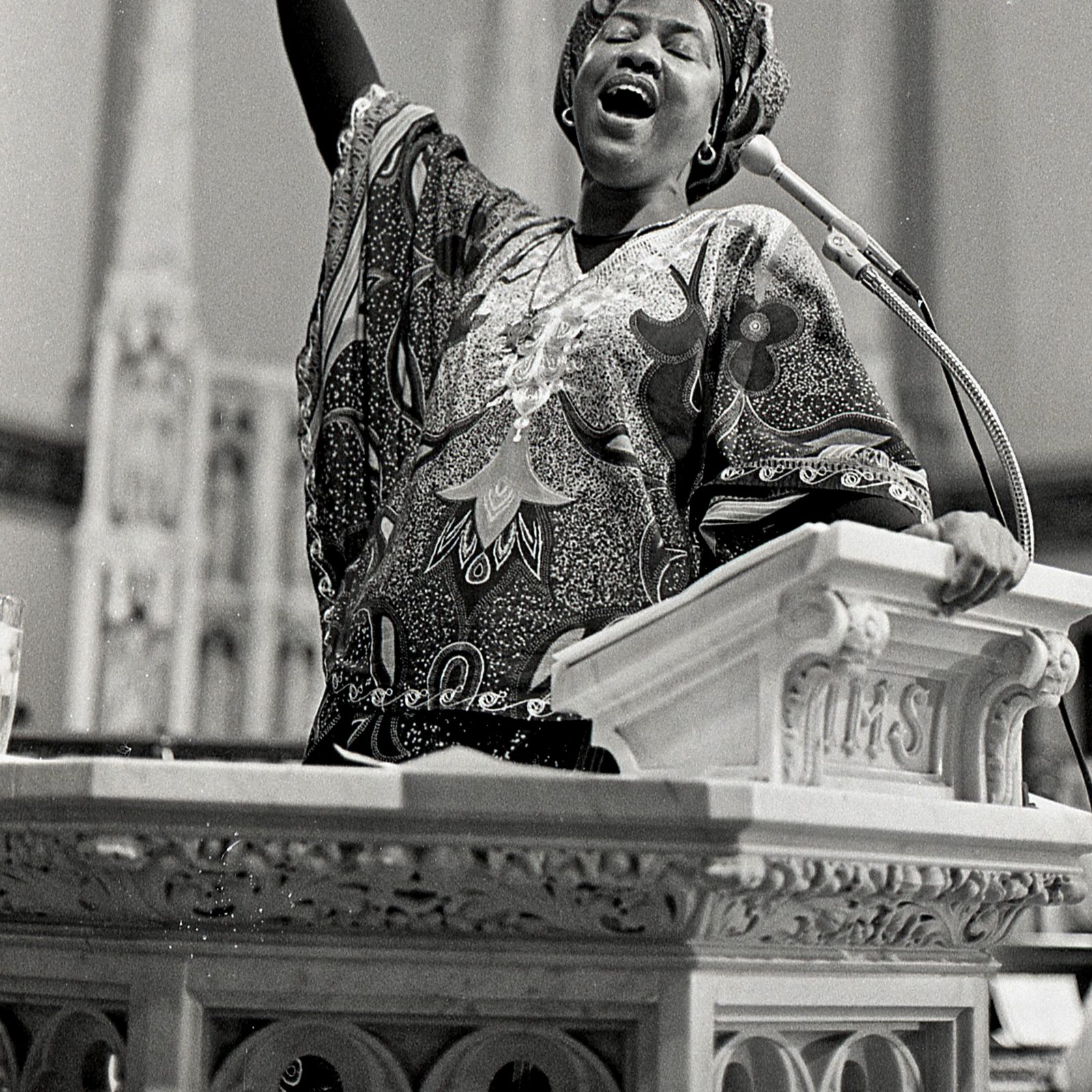 Sister Thea Bowman, a Franciscan Sister of Perpetual Adoration, is shown during a talk she gave at St. Augustine Church in Washington in 1986. Sister Thea, who died in 1990, is one of seven African American Catholics whose causes for canonization are being considered by the Catholic Church. Her sainthood cause was opened in 2018 and she has the title “Servant of God.” The Catholic University of America hosted a Sister Thea Bowman Conference on March 29, 2025 to examine her life and legacy. (Catholic Standard file photo by Michael Hoyt)