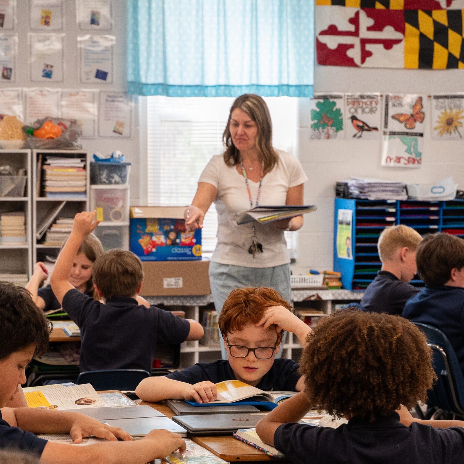 Stephanie Smith teaches a class at St. Mary’s School in Bryantown, Maryland on March 31, 2025. That afternoon, the fourth grade teacher learned that she was named as a recipient of a 2025 Golden Apple Award for teaching excellence in a Catholic school in The Roman Catholic Archdiocese of Washington. (Catholic Standard photo by Nicole Olea)
