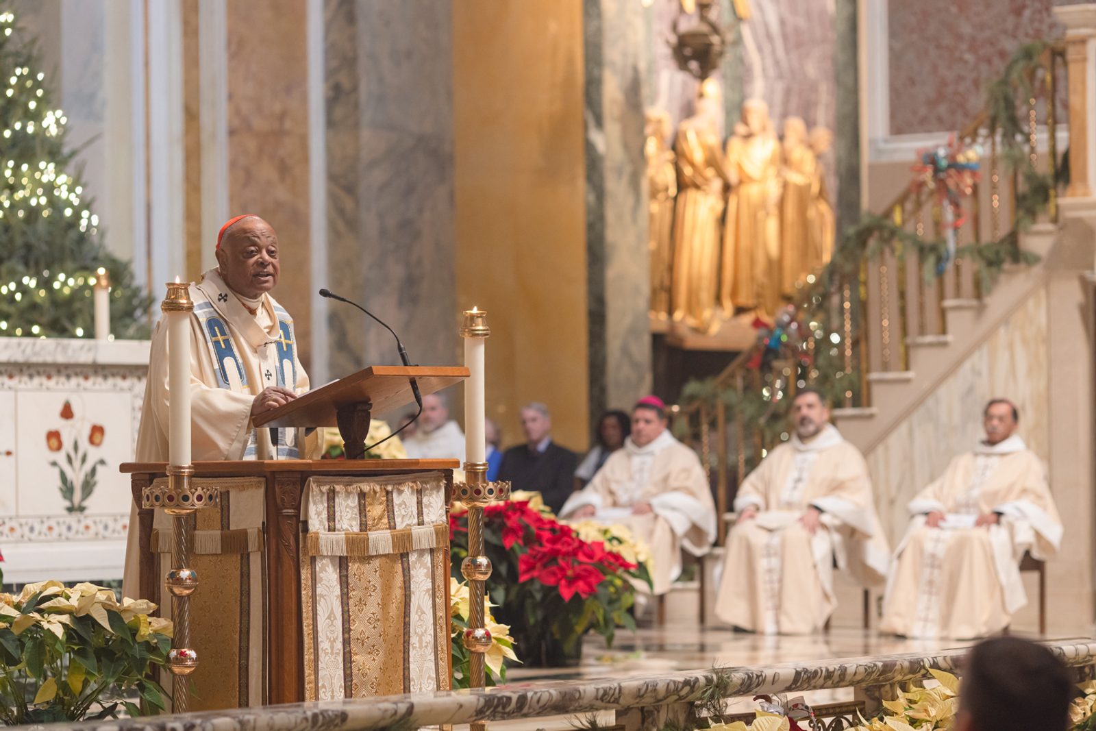 Cardinal Wilton Gregory gives his homily at the Opening of the Jubilee Year Mass on Jan. 1, 2025 at the Cathedral of St. Matthew the Apostle in Washington, D.C. The Mass also marked the Solemnity of the Blessed Virgin Mary, the Mother of God. Seated at right are Washington Auxiliary Bishop Evelio Menjivar, Washington Auxiliary Bishop Juan Esposito and Washington Auxiliary Bishop Roy Campbell Jr., who were among the concelebrants at the Mass. (Catholic Standard photo by Rachel Lincoln)