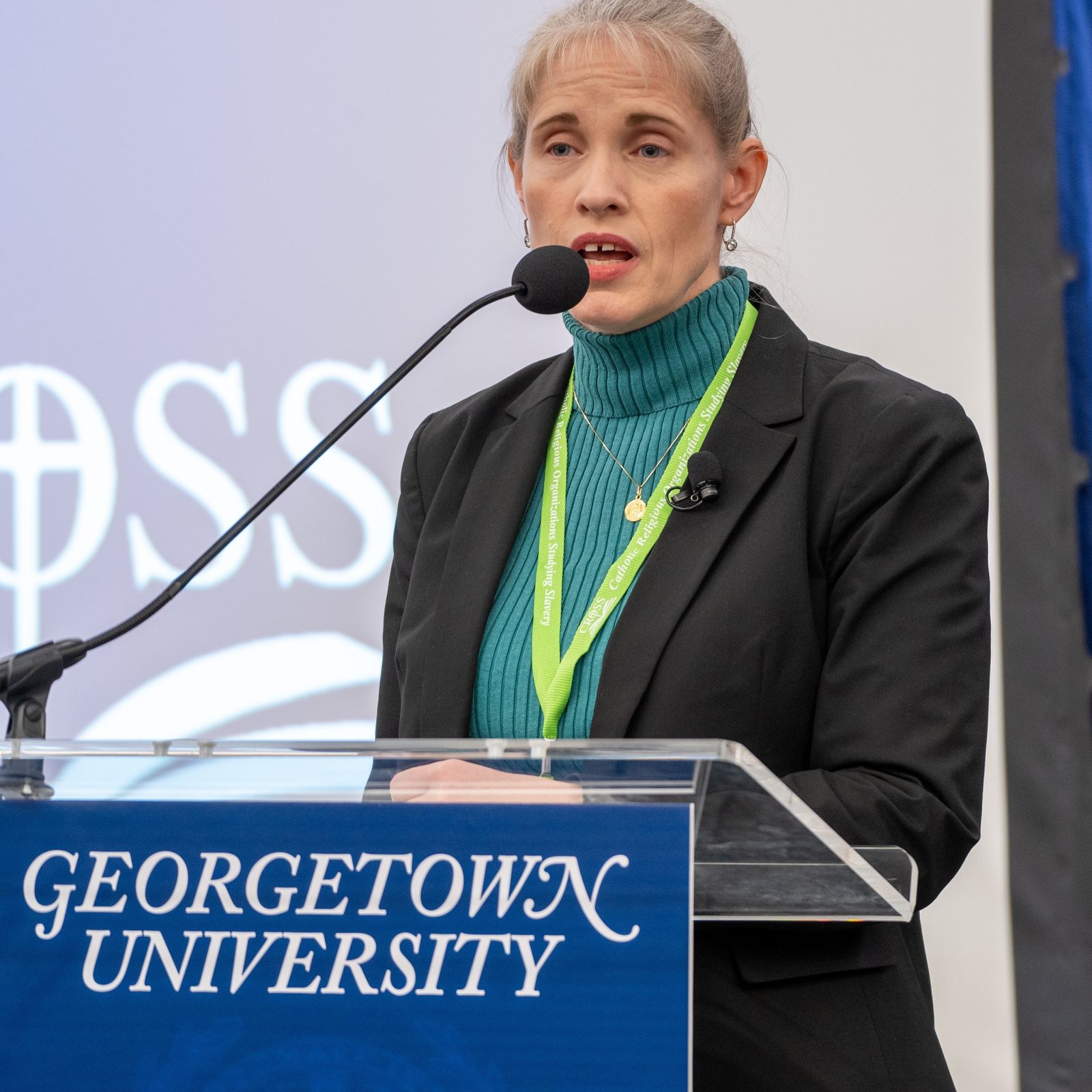 Stephanie A.T. Jacobe, Ph.D. the director of Archives for the Roman Catholic Archdiocese of Washington, speaks at the CROSS (Catholic Religious Organizations Studying Slavery) conference on Nov. 14, 2025 at Georgetown University. She moderated a panel discussion on “Understanding Catholic History and Catholic Cemeteries through Archaeology.” (Photo courtesy of Georgetown University)