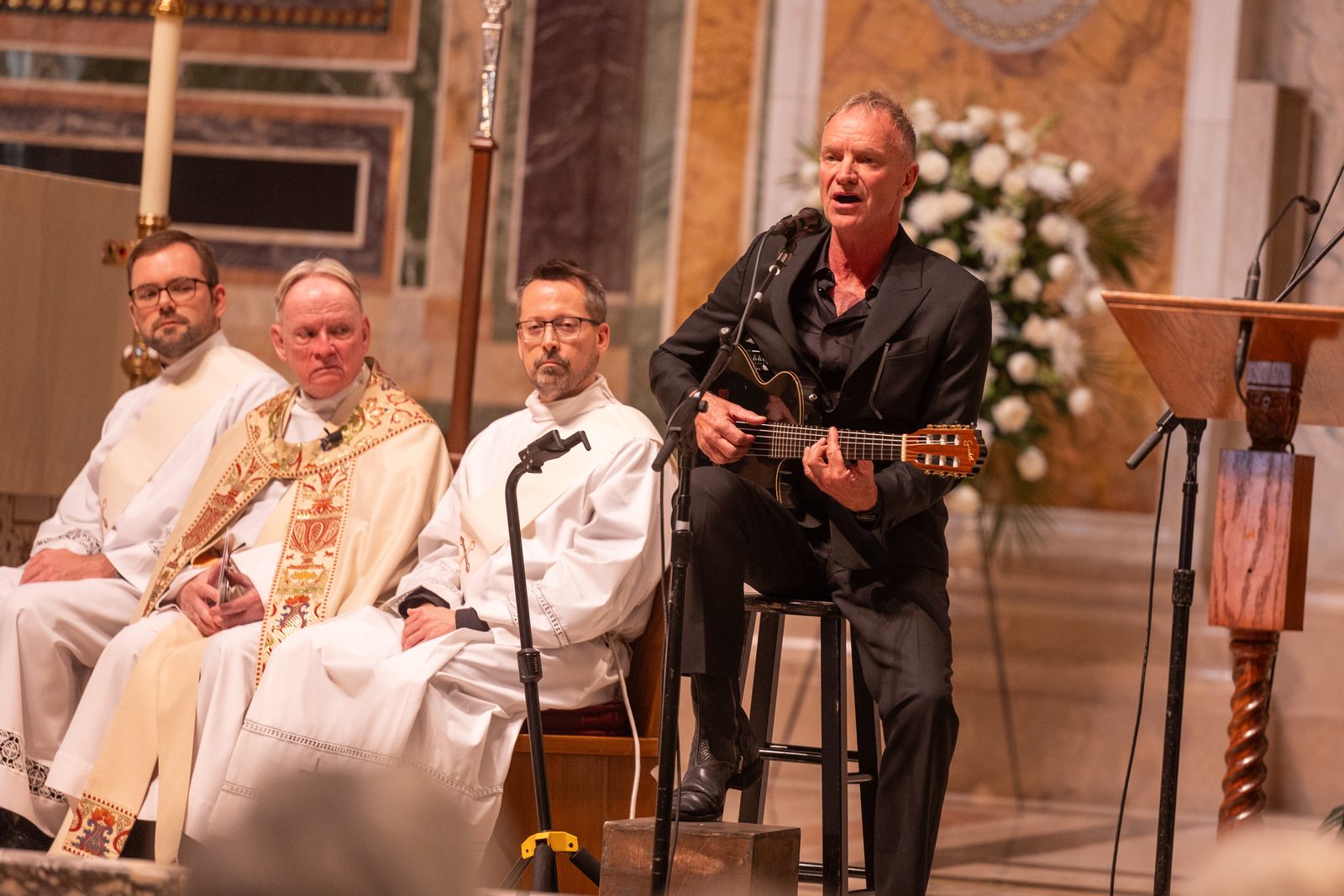 Sting performs his song “Fragile” during a memorial service honoring the life and legacy of the late Ethel Kennedy that was held on Oct. 16, 2024 at the Cathedral of St. Matthew the Apostle in Washington. (Catholic Standard photo by Mihoko Owada)