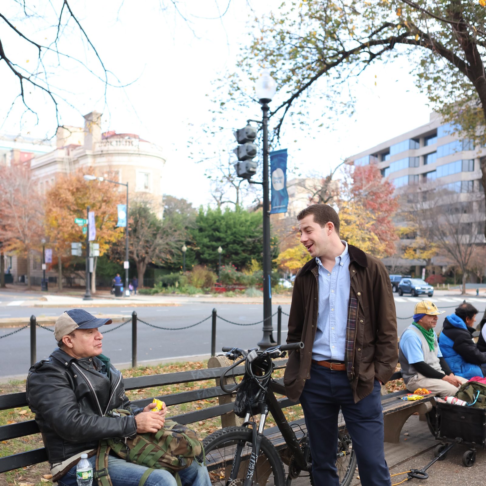 Volunteer JP Spence (at right) talks with a man that he met during the homeless mission of the Mario E. Dorsonville Foundation in Washington, D.C., on Nov. 9. (Catholic Standard photo by Rachel Lincoln)