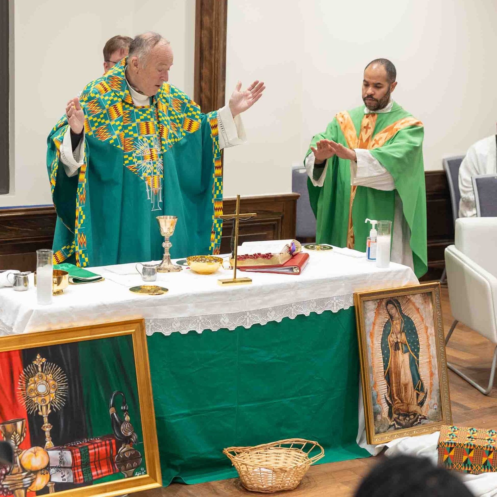 Washington Cardinal Robert W. McElroy at center celebrates a Mass at Howard University on Feb. 1, 2026. Concelebrating the Mass at right is Father Robert Boxie III, who serves as the Catholic chaplain at the university. (Catholic Standard photo by Mihoko Owada)