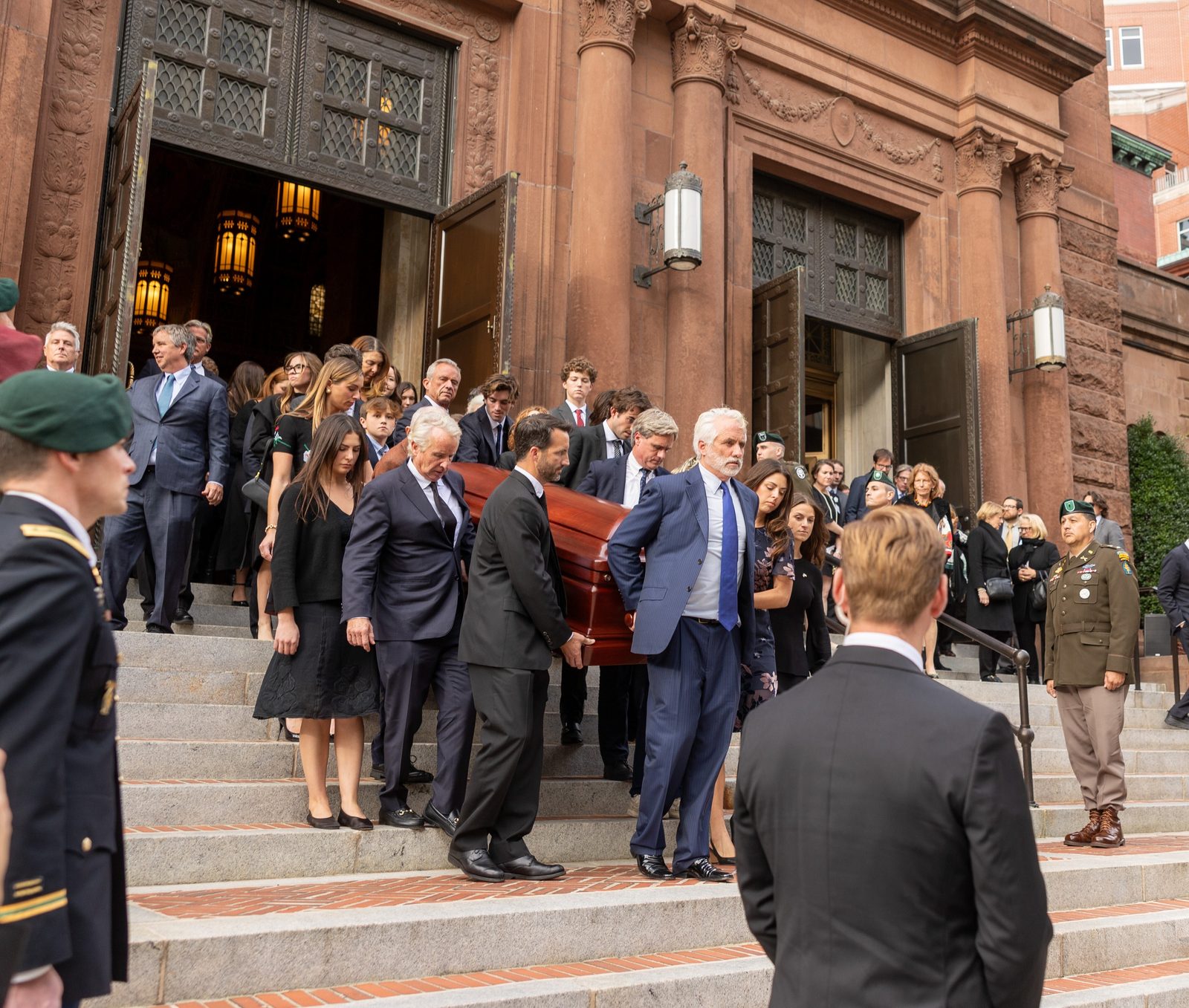 Members of the family of the late Ethel Skakel Kennedy carry her casket down the steps of the Cathedral of St. Matthew the Apostle in Washington, D.C., after an Oct. 16 memorial service for her there. Ethel Kennedy died on Oct. 10, 2024. She was 96. (Catholic Standard photo by Mihoko Owada)