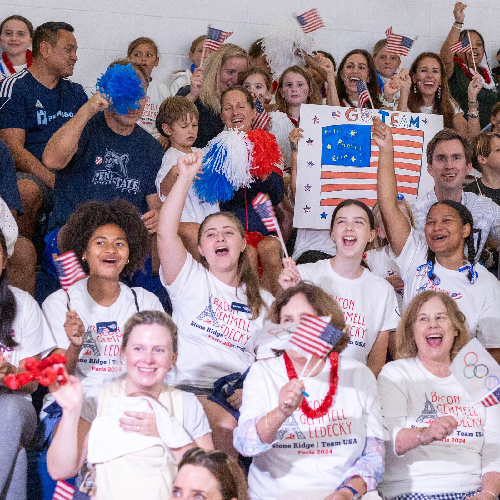 The crowd at a July 25 pep rally at Stone Ridge School of the Sacred Heart in Bethesda, Maryland, cheers for three of the school’s graduates – Katie Ledecky (class of 2015), Phoebe Bacon (class of 2020) and Erin Gemmell (class of 2023) – who are members of the U.S. Olympic Swimming Team competing in the Summer Olympics in Paris. (Catholic Standard photo by Mihoko Owada)