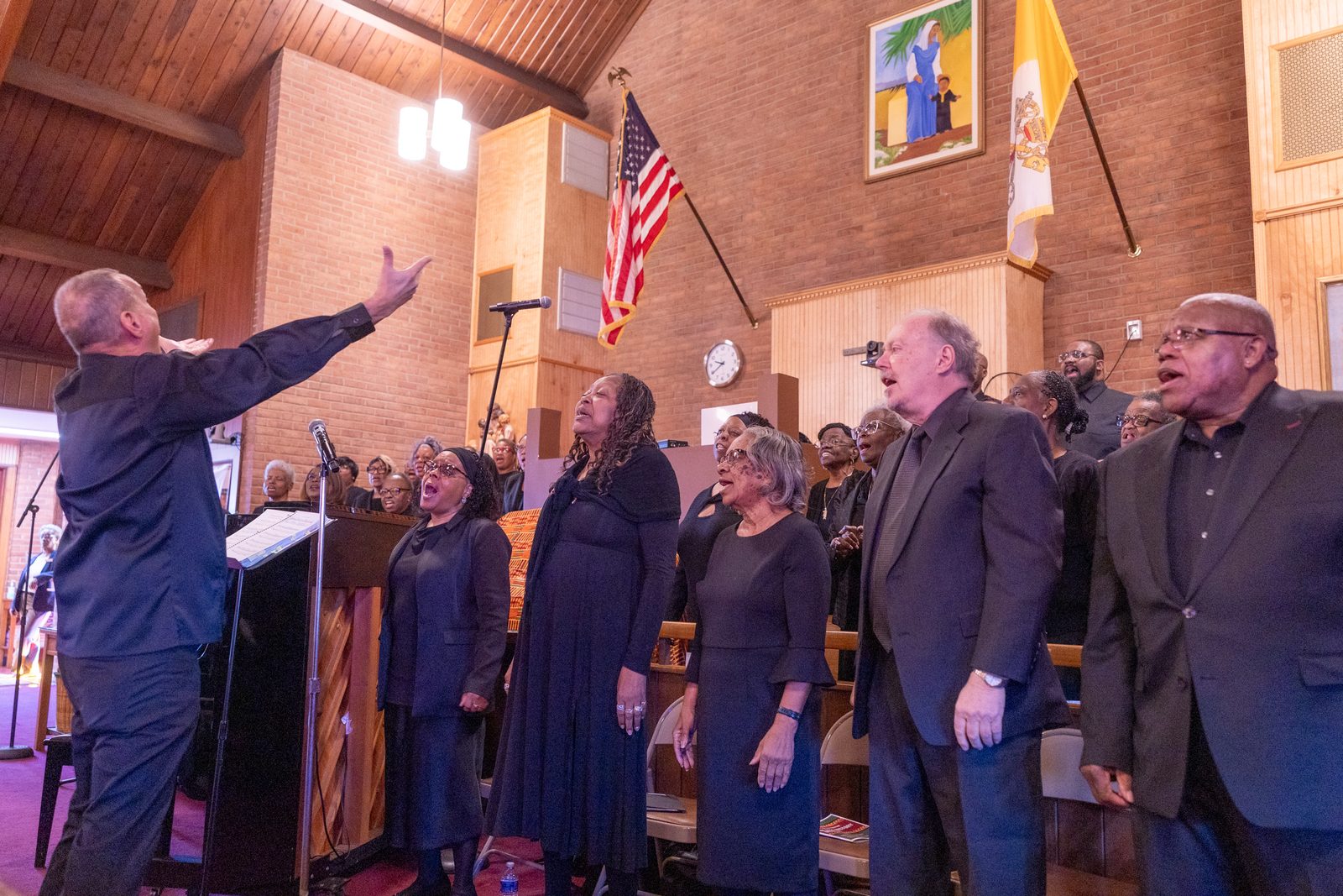 Members of the Archdiocese of Washington Gospel Mass Choir lead the singing at the annual Mass celebrating Black History Month on Feb. 22, 2025 at the Church of the Incarnation in Washington, D.C. (Catholic Standard photos by Mihoko Owada)