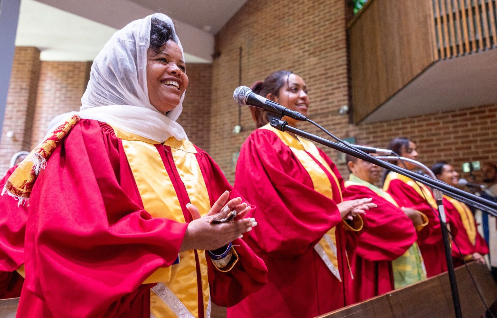 Choir members of Kidane-Mehret Parish for Ethiopian Catholics sing during a Mass on Aug. 24, 2025 at Holy Spirit Church in Forestville, Maryland, their new parish home. (Catholic Standard photo by Mihoko Owada)