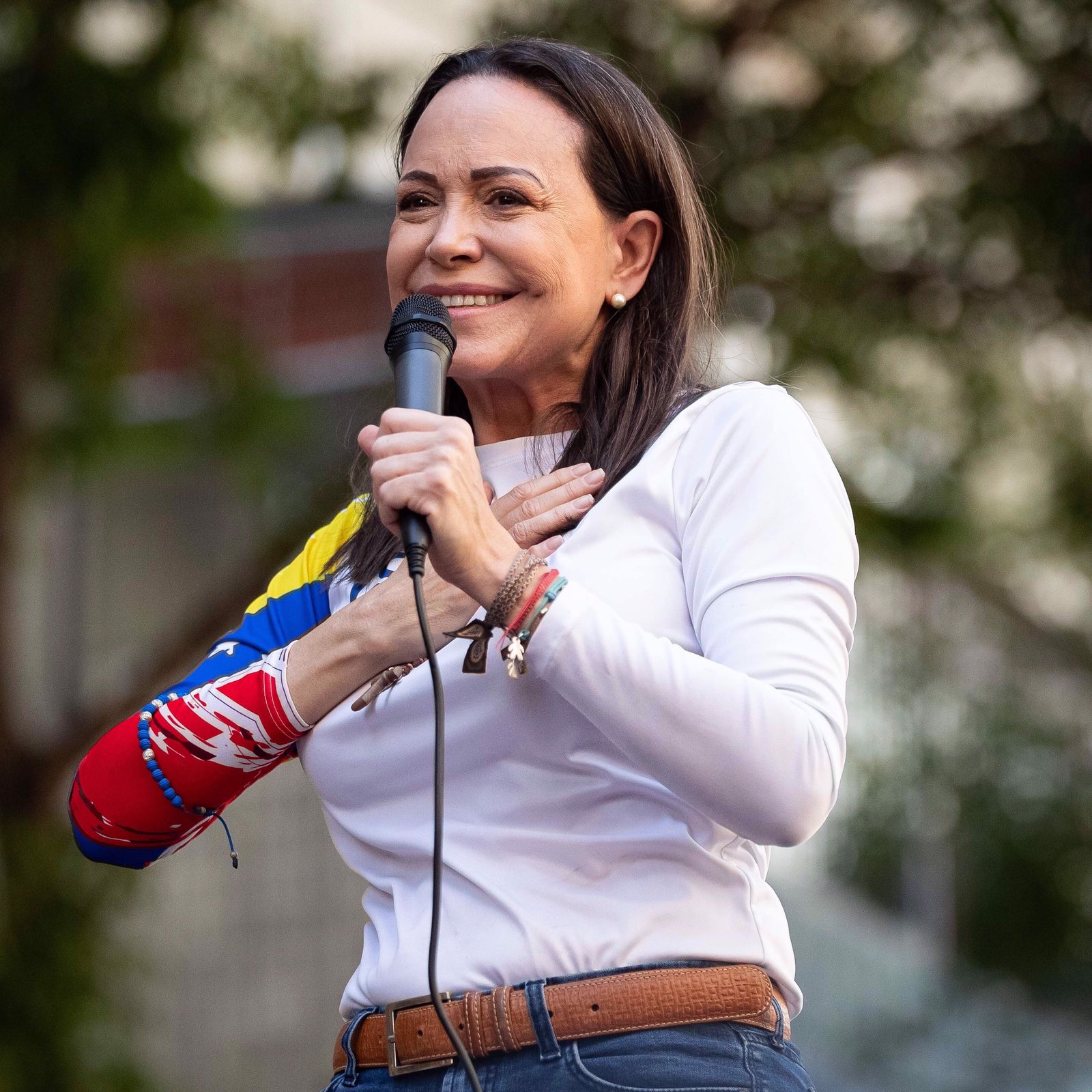 Fotografía de archivo fechada el 09 de enero de 2025 de la líder opositora María Corina Machado, hablando durante un acto de campaña en Caracas (Venezuela). Foto/EFE/ Ronald Peña/Archivo