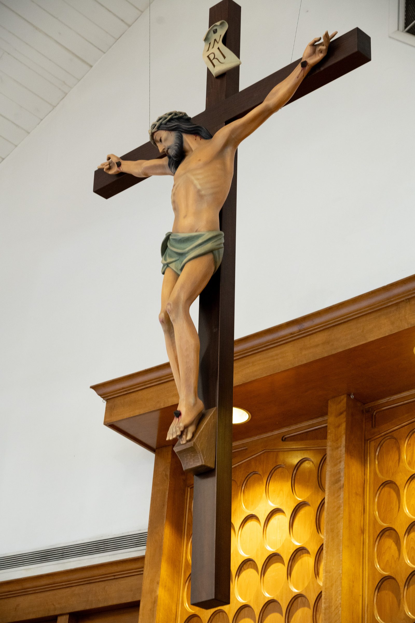 The new crucifix at St. John the Baptist Church in Silver Spring, Maryland was made in Italy. (Catholic Standard photo by Nicole Olea)