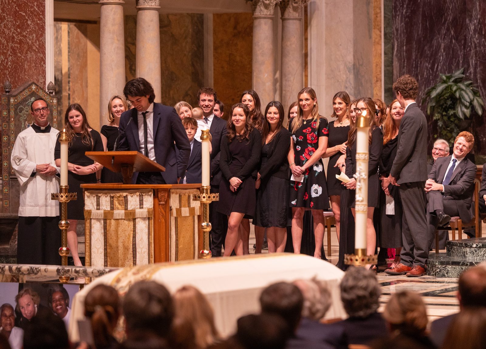 Grandchildren of the late Ethel Kennedy offer prayers at the Cathedral of St. Matthew the Apostle in Washington during a celebration of her life held there on Oct. 16, 2024. (Catholic Standard photo by Mihoko Owada)