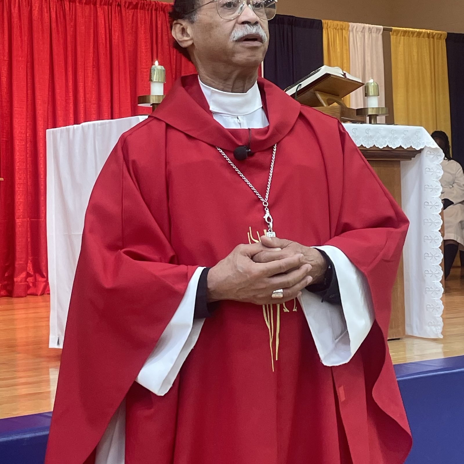 During a Mass for Black History Month on Feb. 6 at St. Mary of the Assumption Catholic School in Upper Marlboro, Washington Auxiliary Bishop Roy Campbell Jr. gives his homily, where he spoke about the “sacred seven,” the Black Catholics being considered for sainthood. (Catholic Standard photo by William Murray)