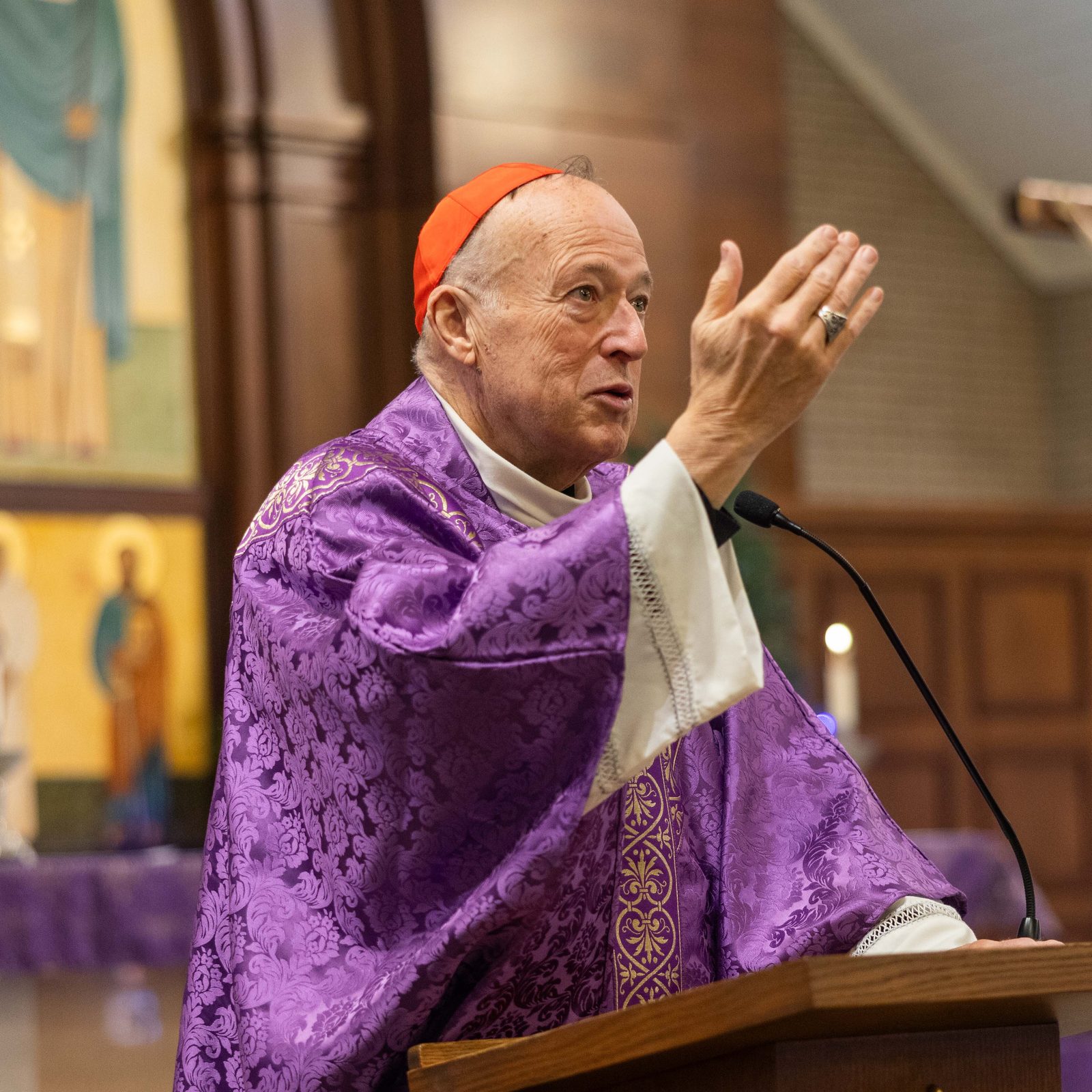Washington Cardinal Robert W. McElroy gives the homily during a Mass on Dec. 14, 2025 at St. Hugh of Grenoble Church in Greenbelt, Maryland. At the Mass, the cardinal blessed a new icon of the crucifixion above the church’s main entrance. (Catholic Standard photo by Andrew Biraj)