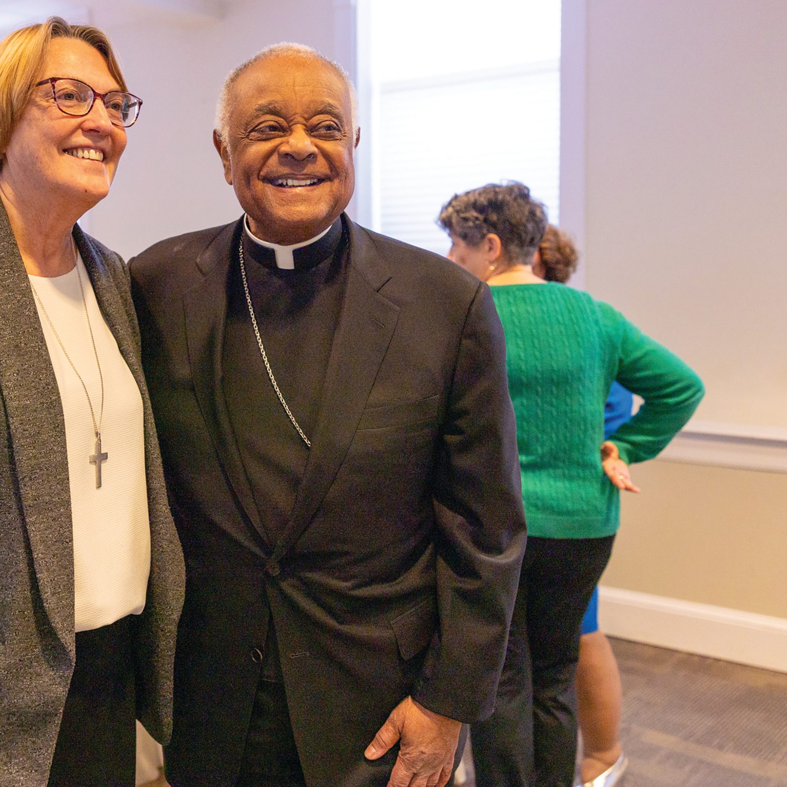 Cardinal Wilton Gregory poses with Sister Nancy Downing, the new CEO of St. Ann’s Center for Children, Youth and Families in Hyattsville, Maryland, during a Welcome Mass and Reception held at the Archdiocese of Washington’s Pastoral Center in March 2024. (Catholic Standard photo by Mihoko Owada)