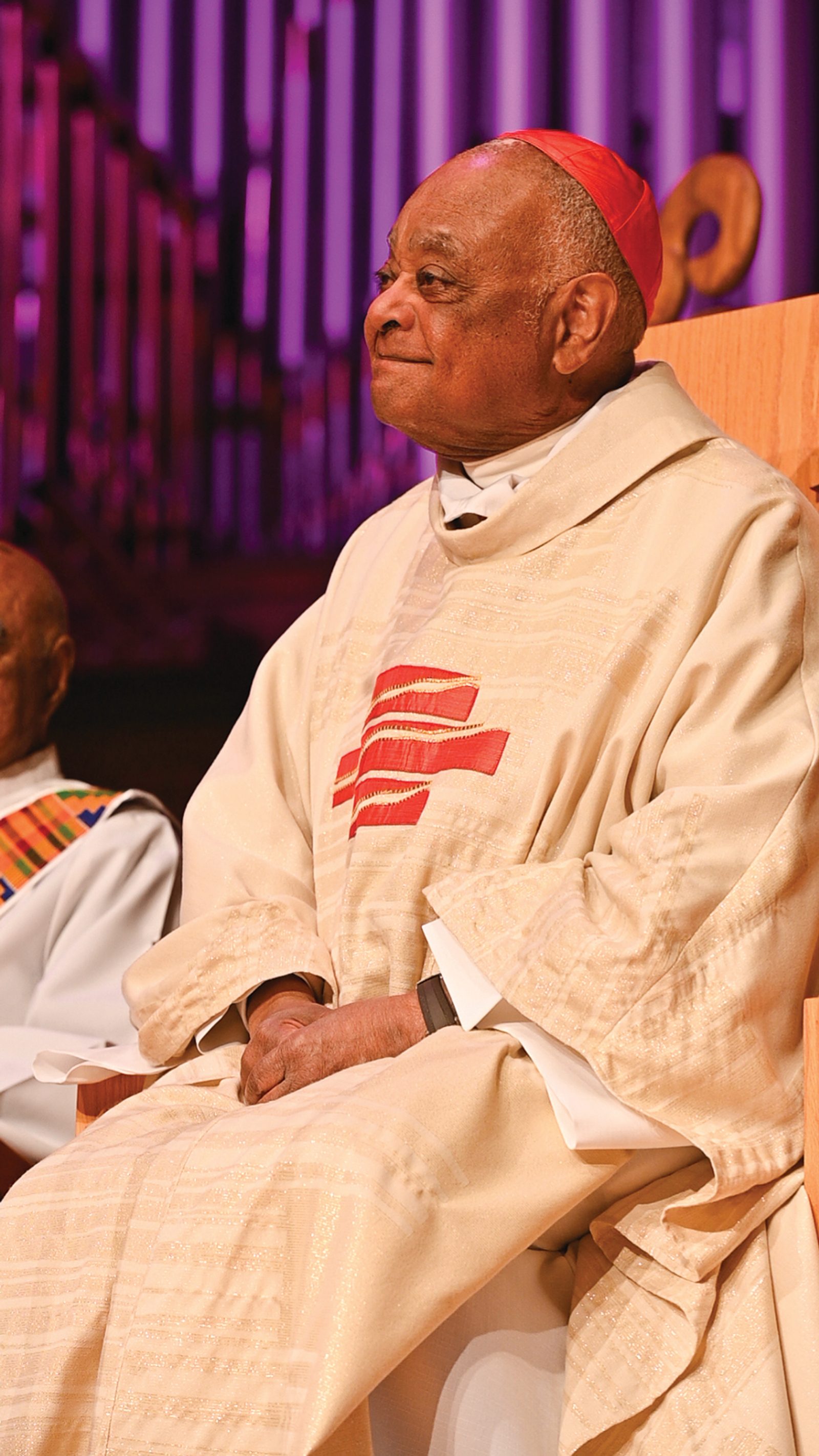 Cardinal Wilton D. Gregory, the first African American cardinal, smiles during the Mass of induction honoring the Shriver-Kennedy family at the Martin Luther King International Chapel at Morehouse College Feb. 13. (Photo by Julianna Leopold of the Georgia Bulletin newspaper of the Archdiocese of Atlanta)