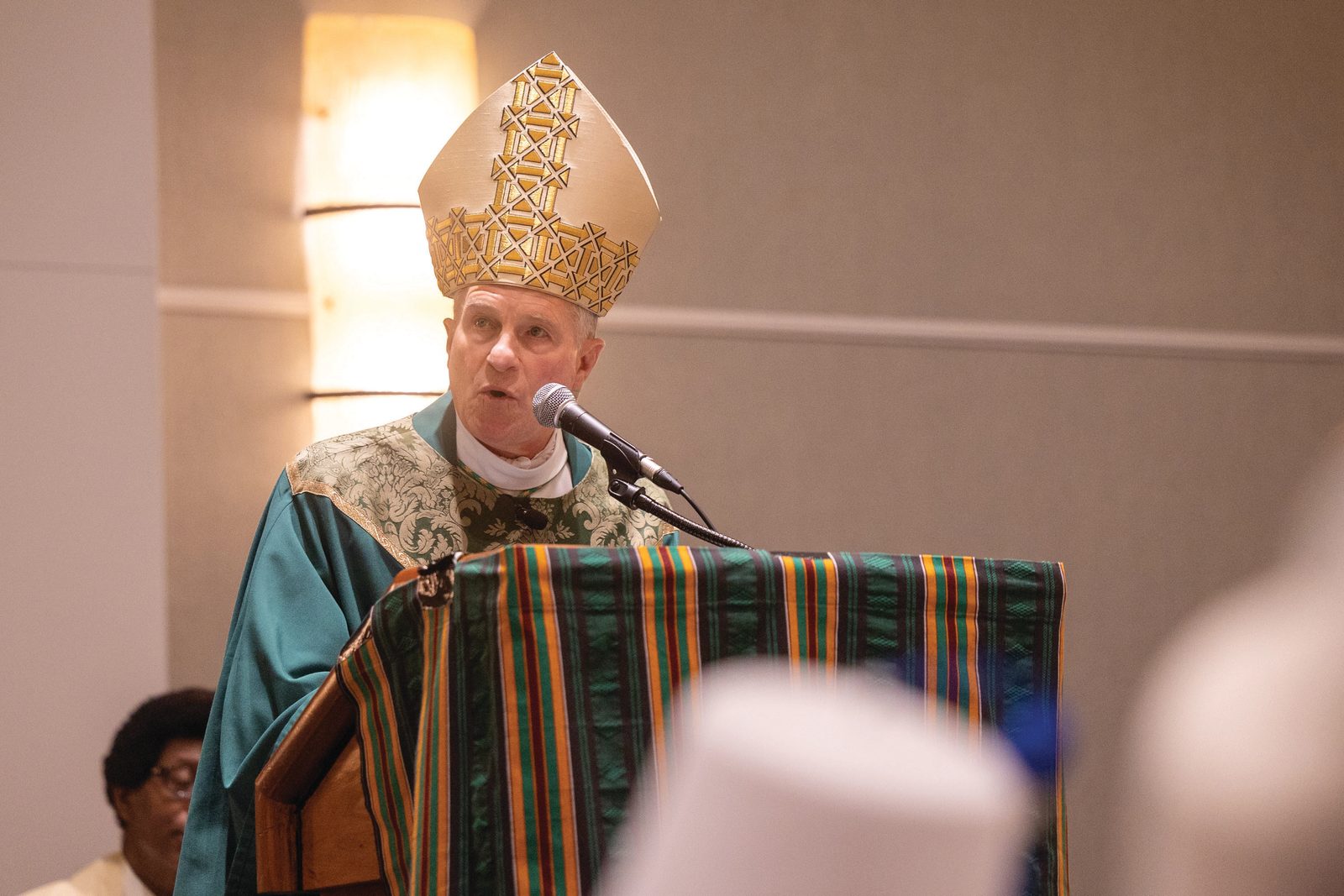 Archbishop Timothy Broglio, who also leads the Archdiocese for the Military Services, USA, and serves as president of the U.S. Conference of Catholic Bishops, speaks during a July 20 Mass opening the Knights of Peter Claver’s 109th annual Senior National Convention. The Mass and convention were held at the Bethesda North Marriott Hotel and Conference Center. (CS photo by Mihoko Owada)