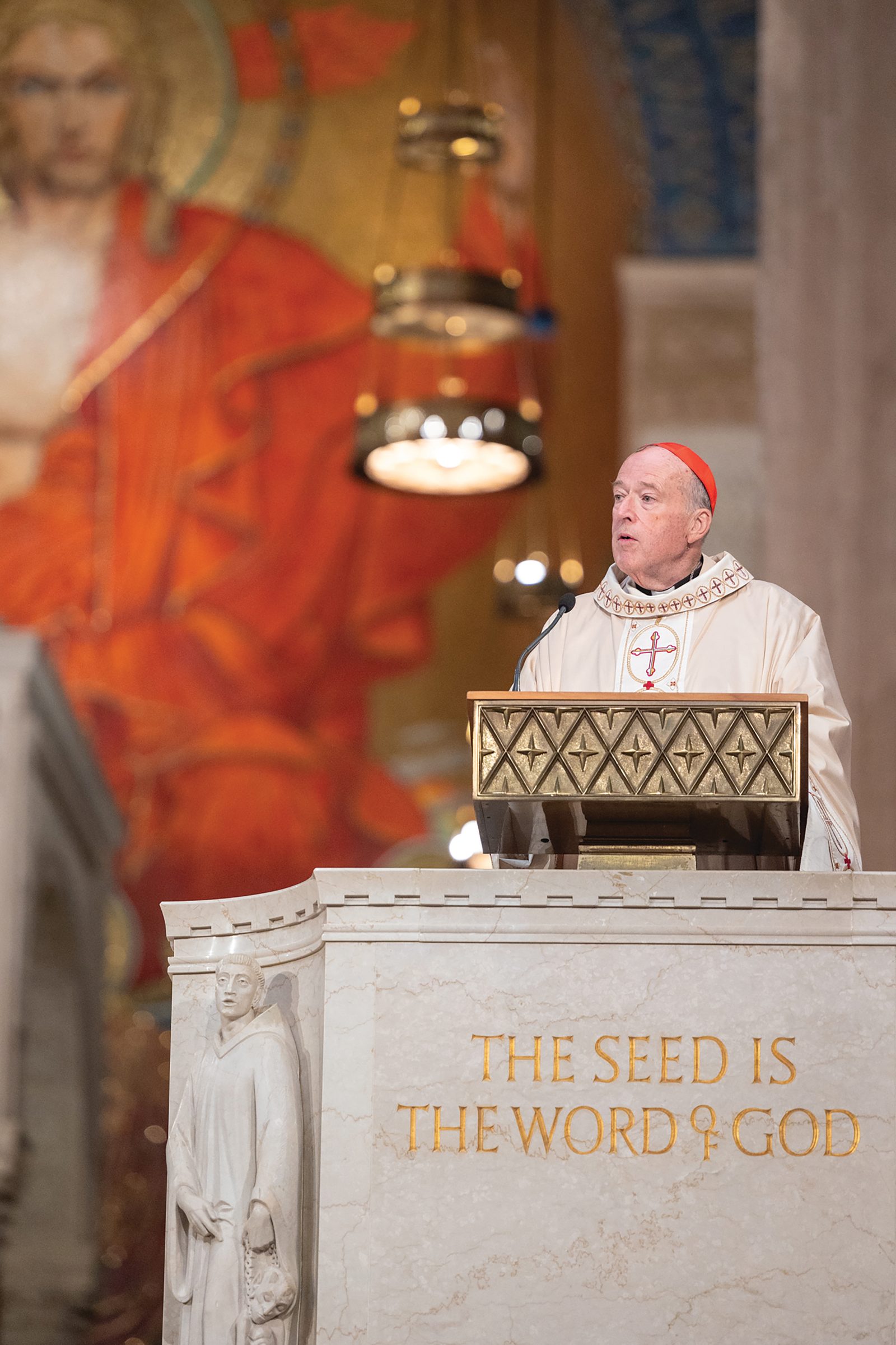 El cardenal Robert McElroy pronunció su homilía durante la Misa Solemne de Instalación del 11 de marzo de 2025. Instó a los fieles a «esforzarse aún más por llevar el Evangelio de Jesucristo a nuestras vidas, a nuestra nación y a nuestro mundo». (Foto del Catholic Standard por Mihoko Owada)
