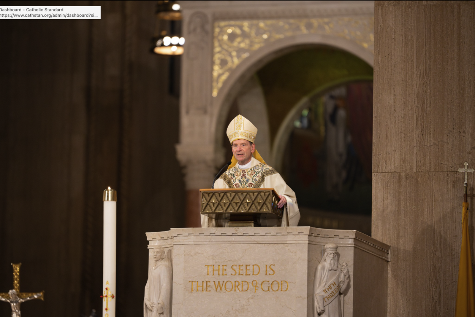 Arlington Bishop Michael F. Burbidge delivers his homily during an April 26 Mass at the Basilica of the National Shrine of the Immaculate Conception in Washington, D.C. The bishop said the Mass was a time for “thanking God for the gift of Pope Francis’s life and ministry and in praying for his eternal happiness and peace.” (CS photo by Nicole Olea)