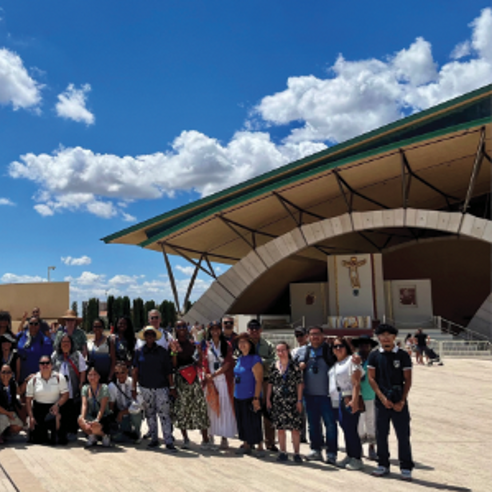 Pilgrims from the Catholic Youth Organization of the Archdiocese of Washington pose July 27, 2025, outside the Sanctuary of Saint Pio of Pietrelcina in San Giovanni Rotondo, Italy, during a visit to the saint’s tomb and the convent where he lived. (Photo from Catholic Youth Organization of the Archdiocese of Washington via Facebook)