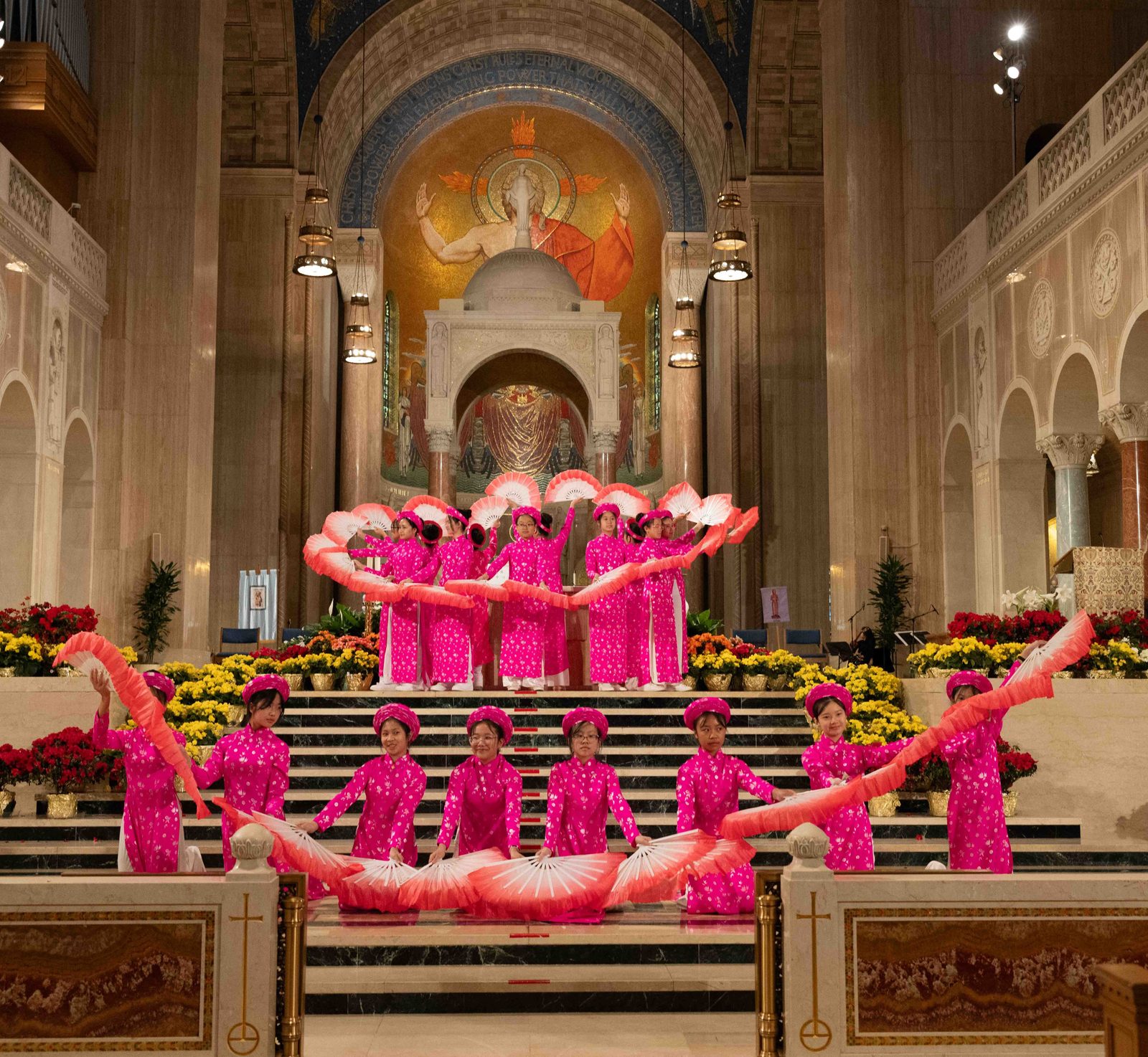 Dancers from Our Lady of Vietnam Parish in Silver Spring, Maryland, participate in a call to prayer during the 21st annual Asian and Pacific Island Catholics Marian Pilgrimage to the Basilica of the National Shrine of the Immaculate Conception on May 4, 2024. (Photos by Andrew Biraj)