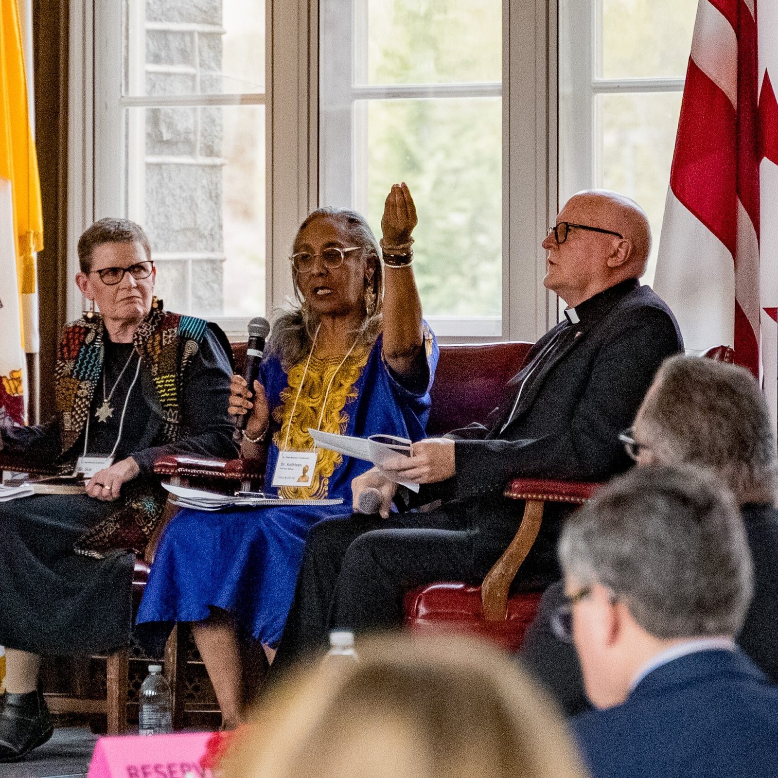 Dr. Kathleen Dorsey Bellow (second from right), director of the Institute for Black Catholic Studies at Xavier University of Louisiana speaks during a panel discussion at the Sister Thea Bowman Conference hosted by The Catholic University of America on March 29, 2025. The all-day conference on the life and legacy of Sister Thea Bowman, one of seven U.S. Black Catholics being considered for sainthood. From left to right are Javier Bustamante, the director of the university’s Center for Cultural Engagement who moderated the panel discussion; Sister Sue Ernster, president of the Franciscan Sisters of Perpetual Adoration; Dr. Katheen Dorsey Bellow; and Father Michael Barth of the Missionary Servants of the Most Holy Trinity. (Catholic Standard photo by Nicole Olea)