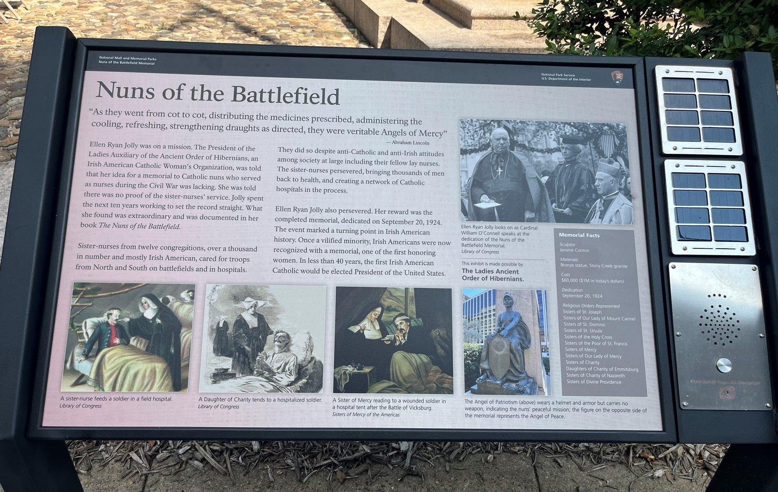 To mark the 100th anniversary of the 1924 dedication of the Nuns of the Battlefield Monument across the street from the Cathedral of St. Matthew the Apostle in downtown Washington, D.C., a new wayside marker offering an overview of the monument was dedicated on Sept. 21, 2024. Members of the Ladies Ancient Order of Hibernians led the effort to establish the monument 100 years ago and raised funds for the commemorative wayside marker, working with the National Park Service on the project. (Catholic Standard photo)