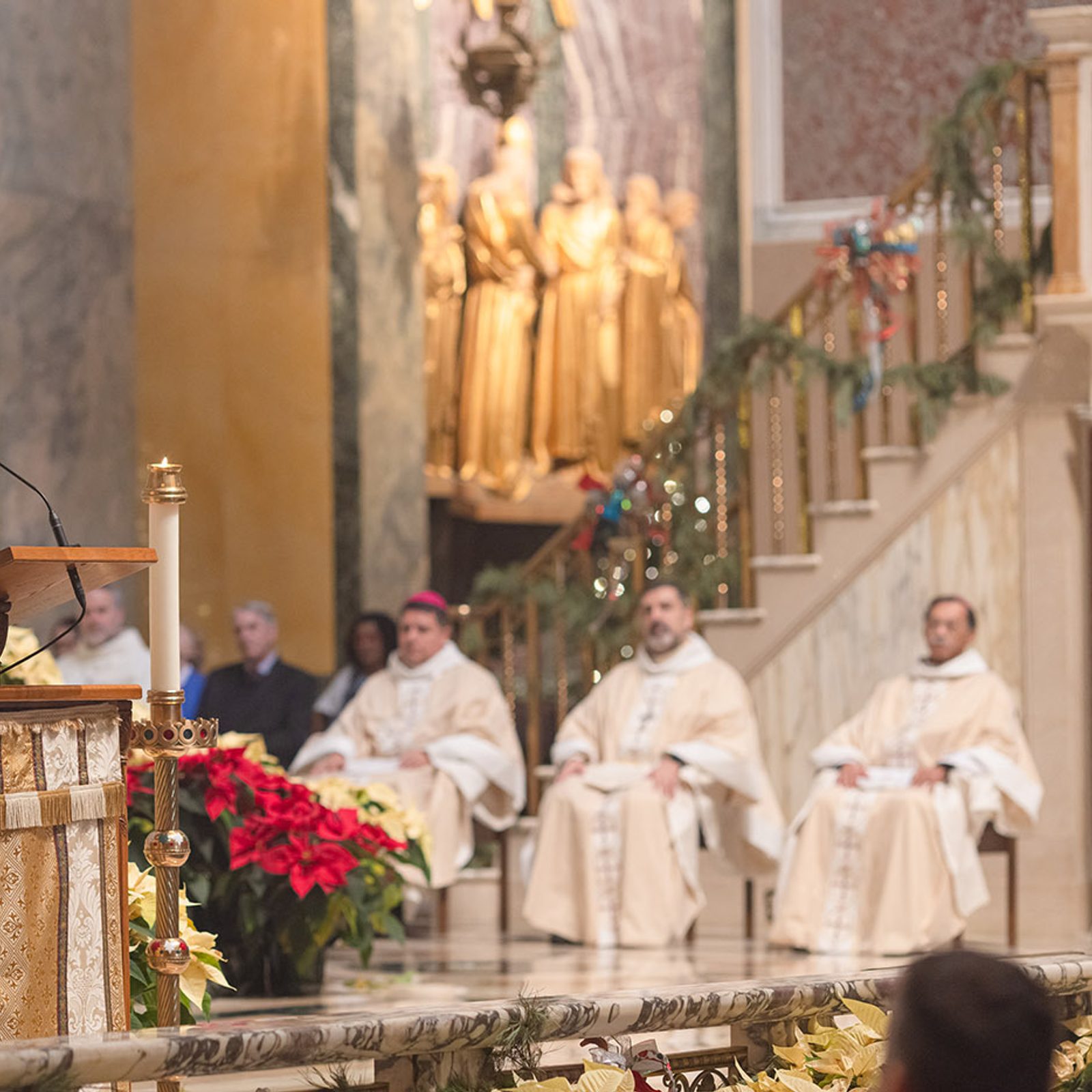 Cardinal Wilton Gregory gives his homily at the Opening of the Jubilee Year Mass on Jan. 1, 2025 at the Cathedral of St. Matthew the Apostle in Washington, D.C. The Mass also marked the Solemnity of the Blessed Virgin Mary, the Mother of God. Seated at right are Washington Auxiliary Bishop Evelio Menjivar, Washington Auxiliary Bishop Juan Esposito and Washington Auxiliary Bishop Roy Campbell Jr., who were among the concelebrants at the Mass. (Catholic Standard photo by Rachel Lincoln)