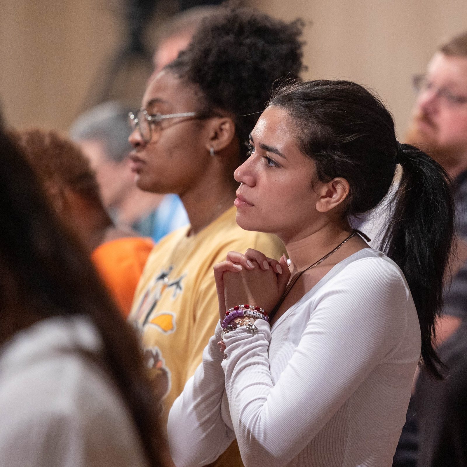 People pray during the National Eucharistic Pilgrimage Mass on June 9, 2024 at the Basilica of the National Shrine of the Immaculate Conception. The Mass marked the closing event of the National Eucharistic Pilgrimage stop in the nation’s capital. (Catholic Standard photos by Mihoko Owada)